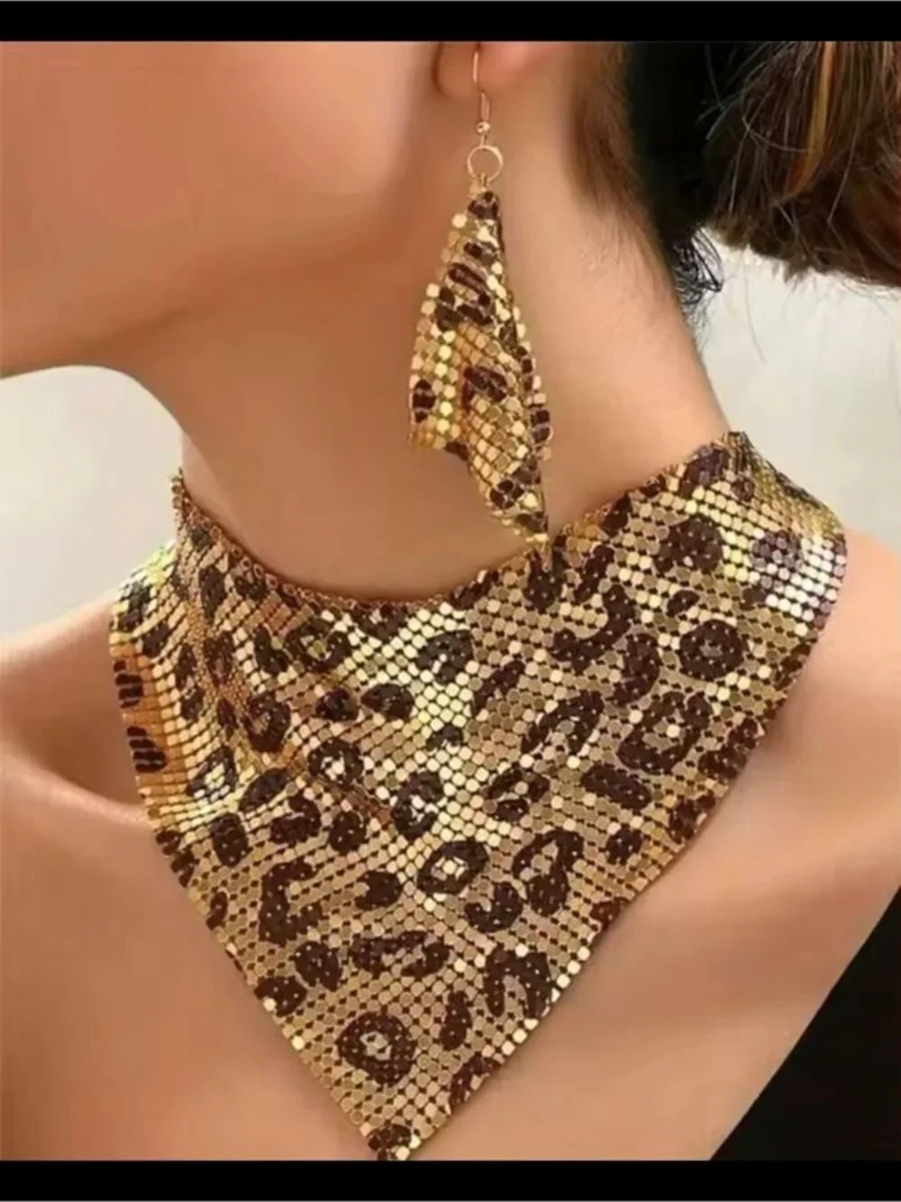 Gold and Brown Leopard Sequin Bib Necklace with Matching Earring